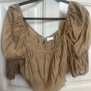 Mustard Seed Tan Puff Sleeve Smocked Crop Blouse